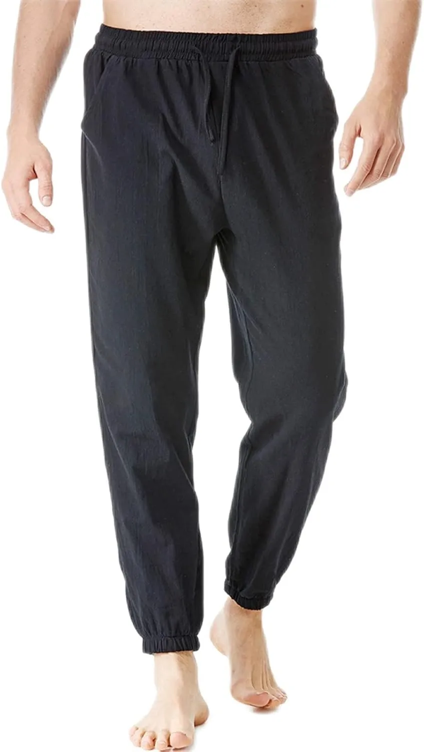 Linen Pants for Men Fashion Drawstring Stretch Cotton Trousers with Pockets Causal Loose Beam Feet Sweatpants