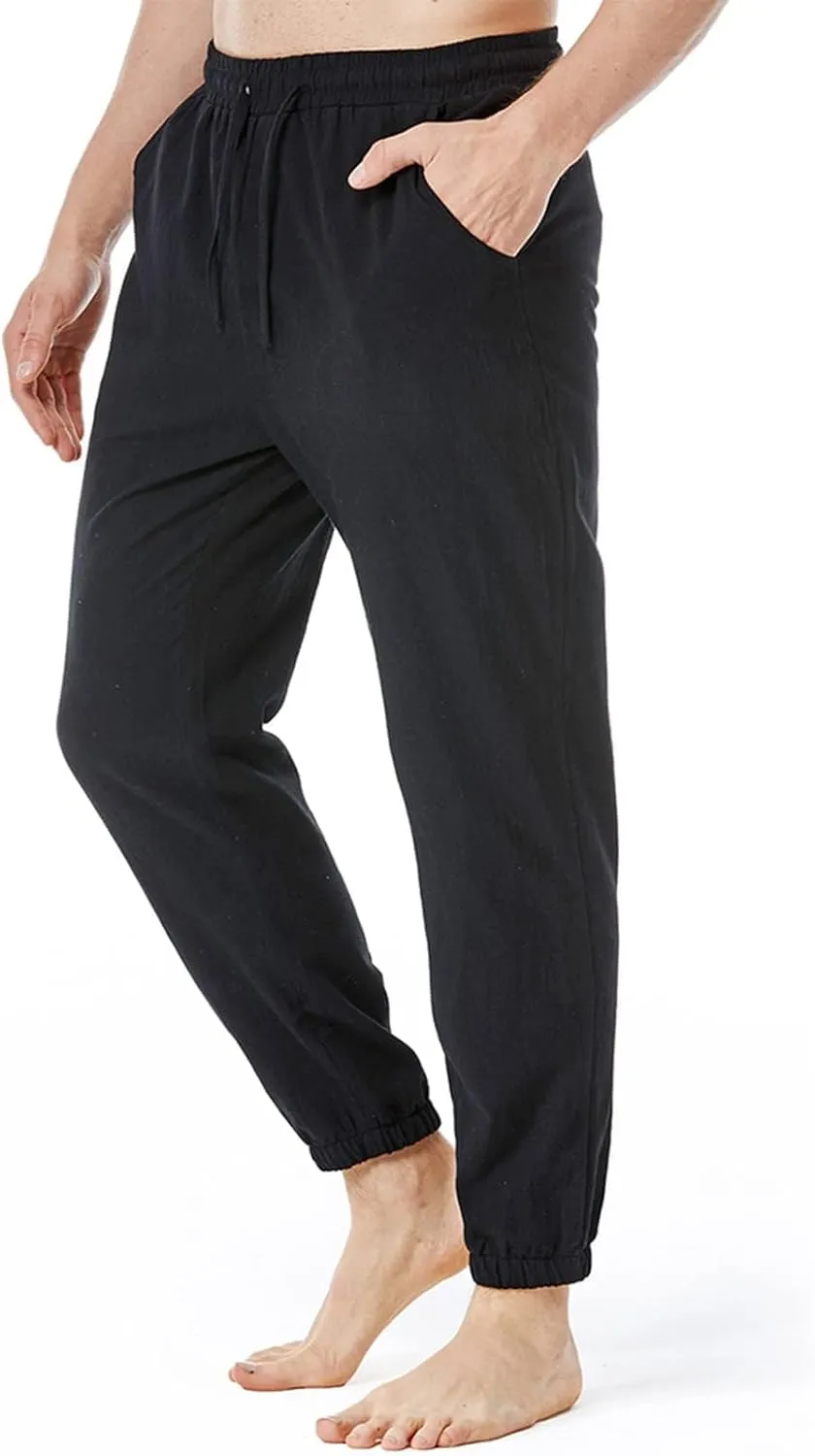 Linen Pants for Men Fashion Drawstring Stretch Cotton Trousers with Pockets Causal Loose Beam Feet Sweatpants