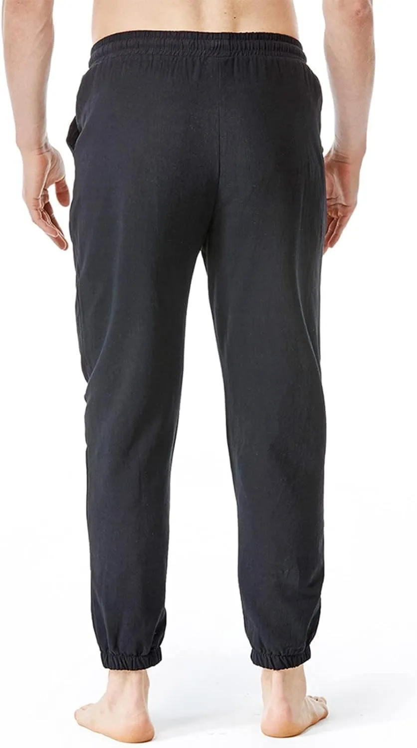 Linen Pants for Men Fashion Drawstring Stretch Cotton Trousers with Pockets Causal Loose Beam Feet Sweatpants