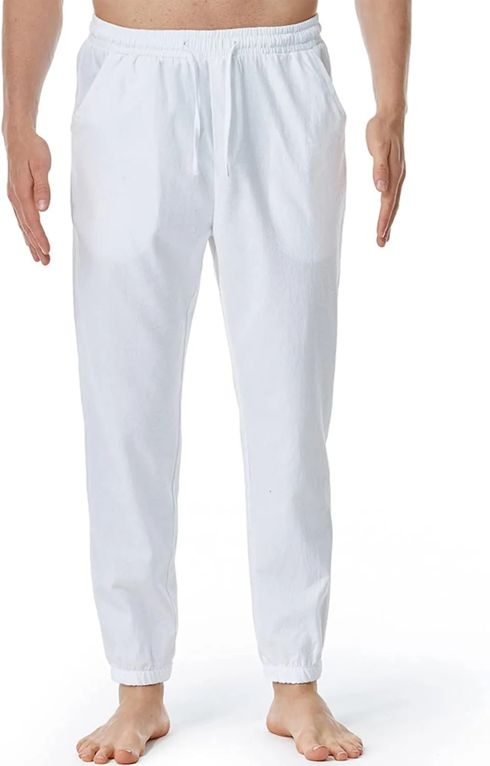 Linen Pants for Men Fashion Drawstring Stretch Cotton Trousers with Pockets Causal Loose Beam Feet Sweatpants