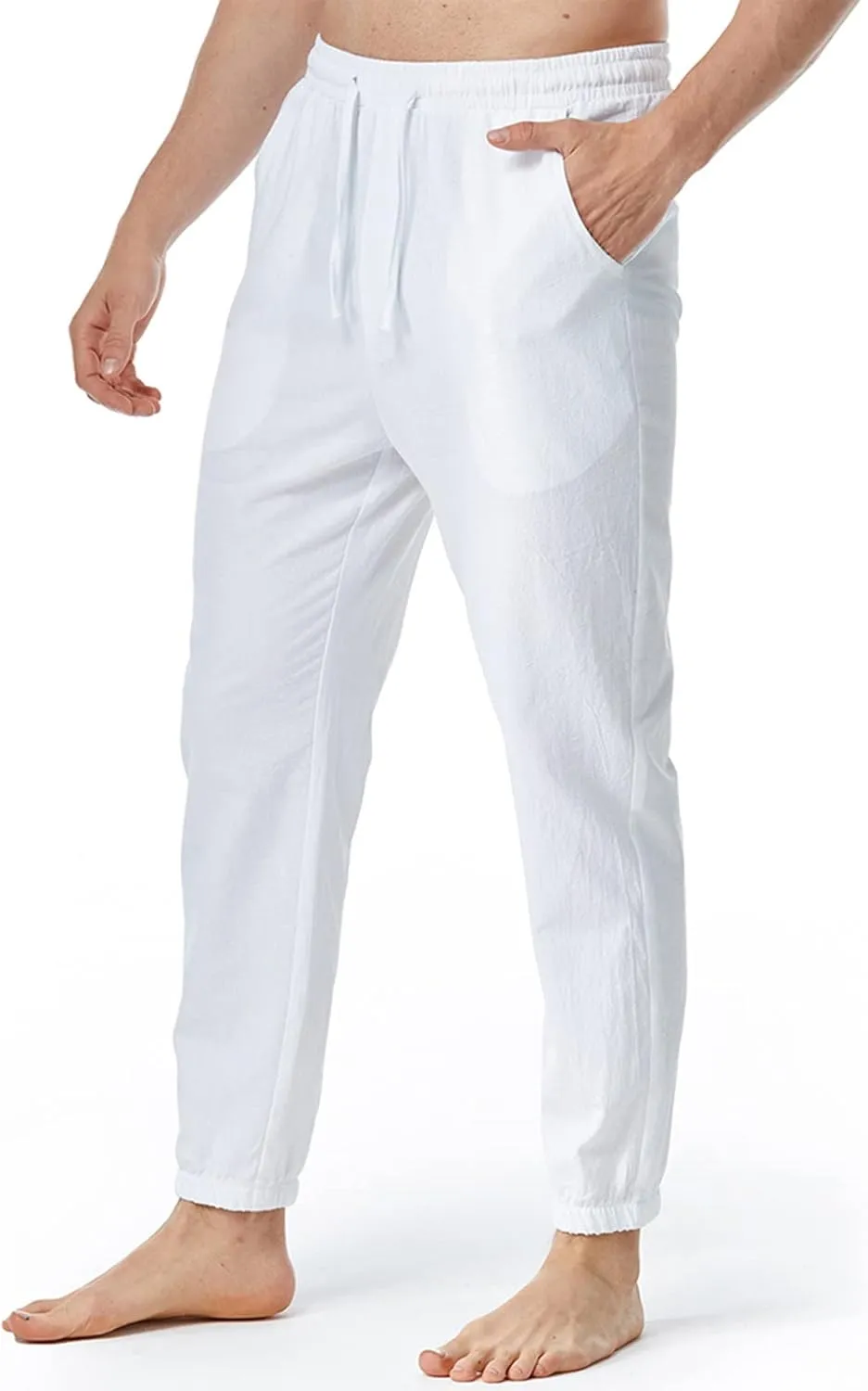 Linen Pants for Men Fashion Drawstring Stretch Cotton Trousers with Pockets Causal Loose Beam Feet Sweatpants