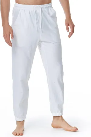 Linen Pants for Men Fashion Drawstring Stretch Cotton Trousers with Pockets Causal Loose Beam Feet Sweatpants