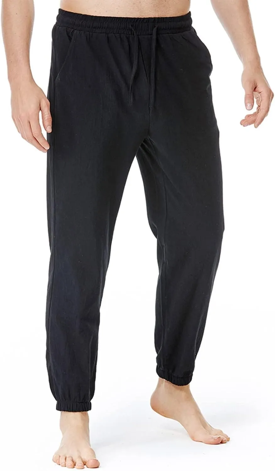 Linen Pants for Men Fashion Drawstring Stretch Cotton Trousers with Pockets Causal Loose Beam Feet Sweatpants