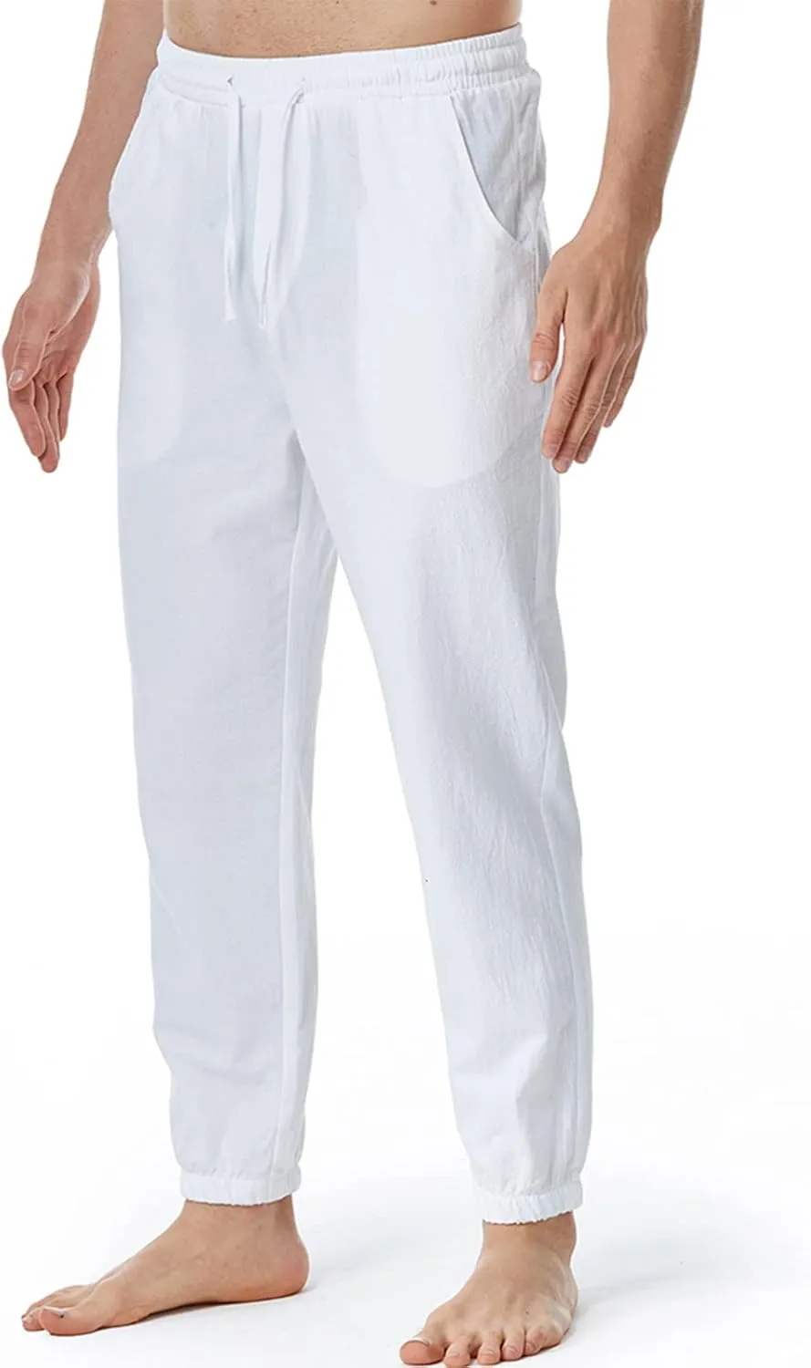 Linen Pants for Men Fashion Drawstring Stretch Cotton Trousers with Pockets Causal Loose Beam Feet Sweatpants