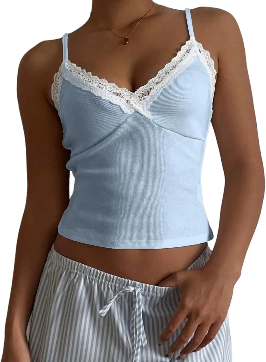 LOFAAC Women Sexy Spaghetti Strap Lace Patchwork Crop Cami Shirt Cute Slim Fit Sleeveless V Neck Going Out Lace Camisole