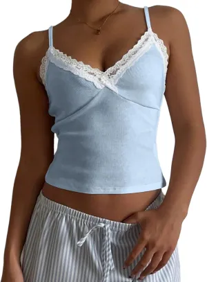 LOFAAC Women Sexy Spaghetti Strap Lace Patchwork Crop Cami Shirt Cute Slim Fit Sleeveless V Neck Going Out Lace Camisole