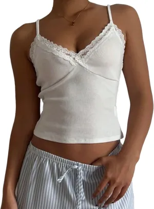 LOFAAC Women Sexy Spaghetti Strap Lace Patchwork Crop Cami Shirt Cute Slim Fit Sleeveless V Neck Going Out Lace Camisole