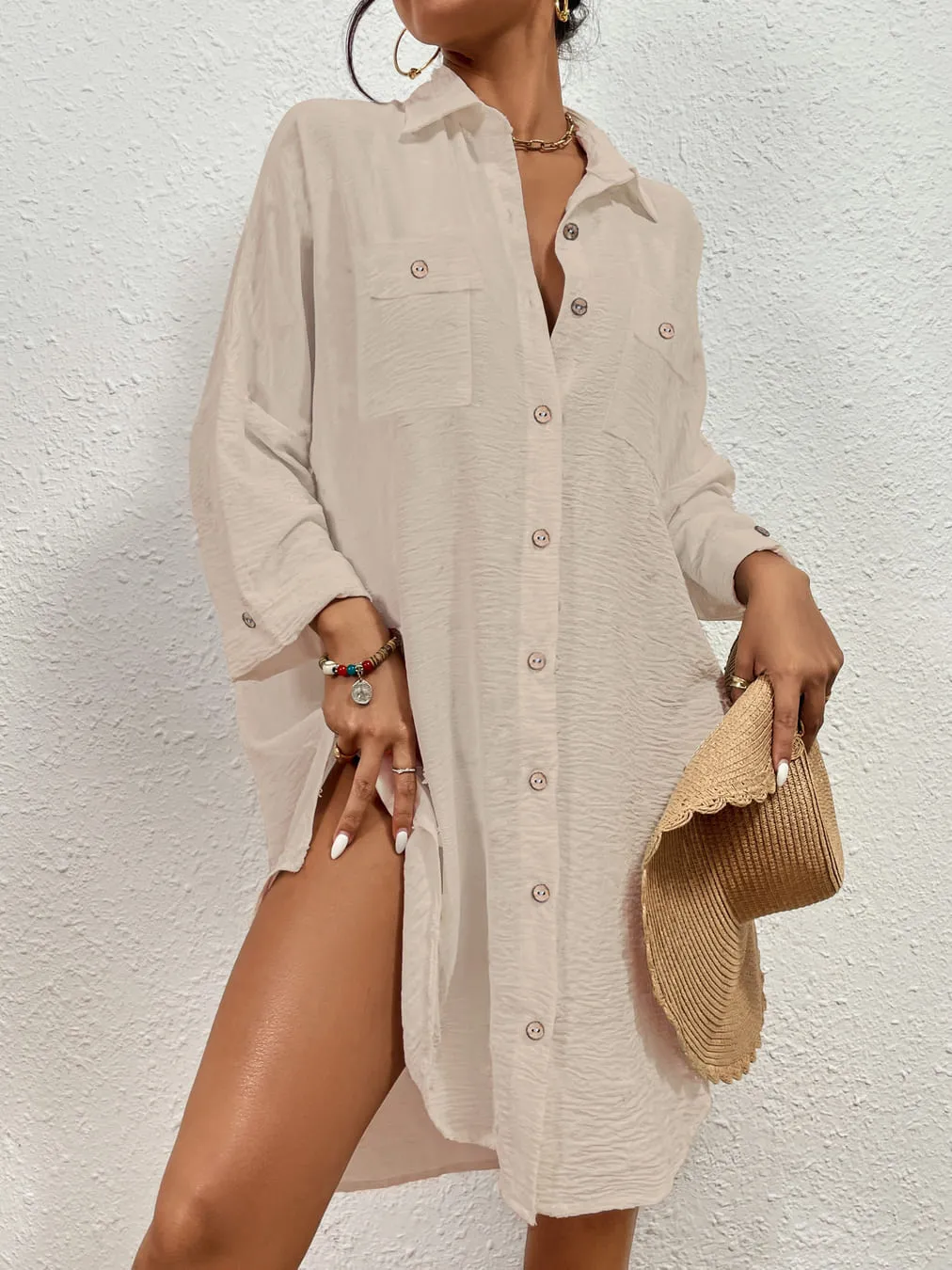 Long Button Down Bikini Cover Up Shirt