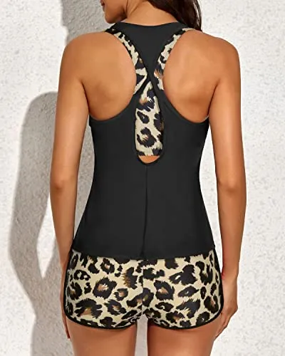 Long Length Tankinis Sports Bra And Boyshorts Swimsuits For Women-Black And Leopard