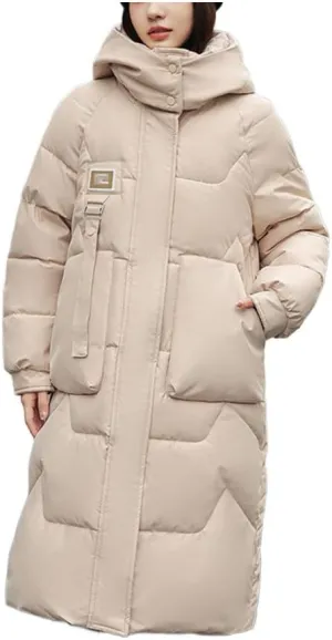Long Parkas Women Down Padded Coat Puffer Jacket Leather Label Hooded Big Pocket Polyester Fabric Cotton Snow Outwear