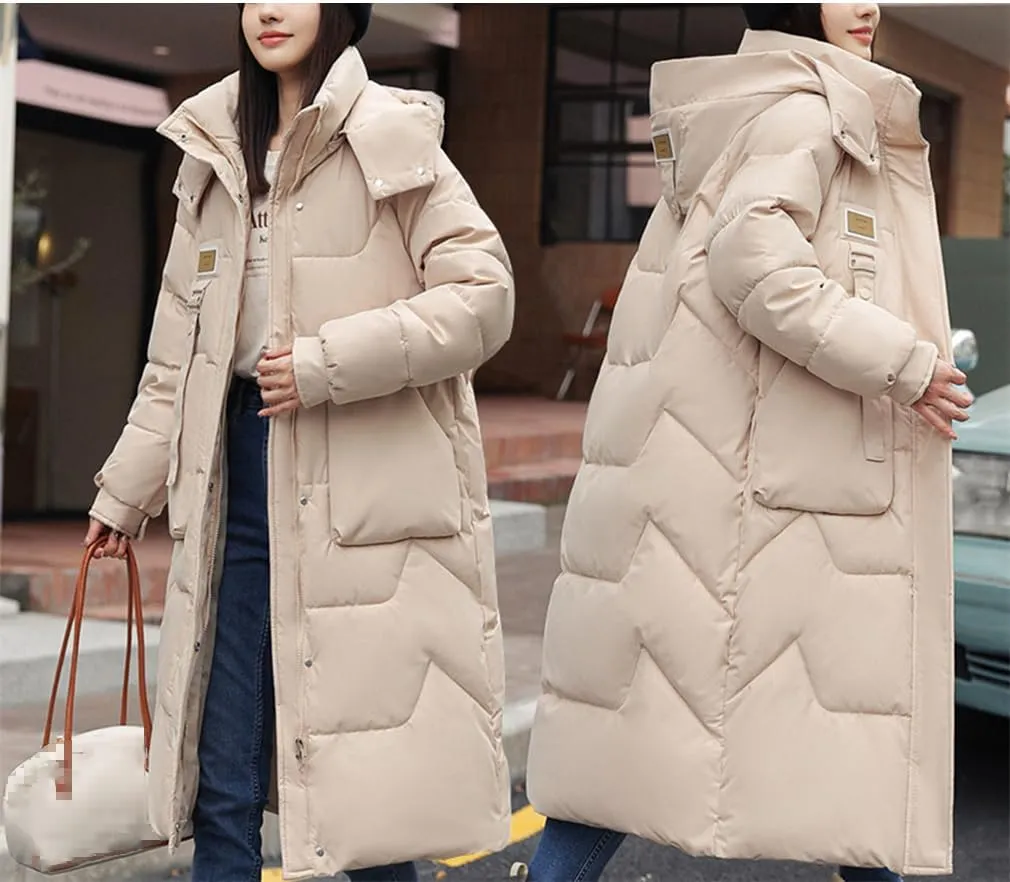 Long Parkas Women Down Padded Coat Puffer Jacket Leather Label Hooded Big Pocket Polyester Fabric Cotton Snow Outwear