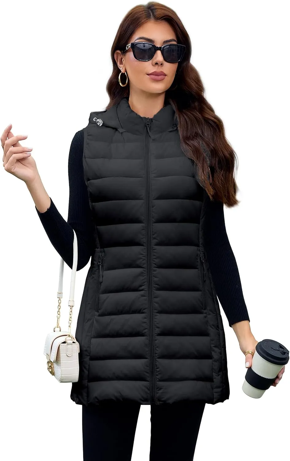 Long Puffer Vest for Women with Hood Lightweight Packable Sleeveless Down Vest for Spring, Fall & Winter