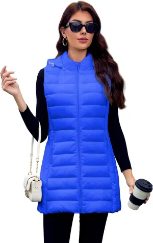 Long Puffer Vest for Women with Hood Lightweight Packable Sleeveless Down Vest for Spring, Fall & Winter