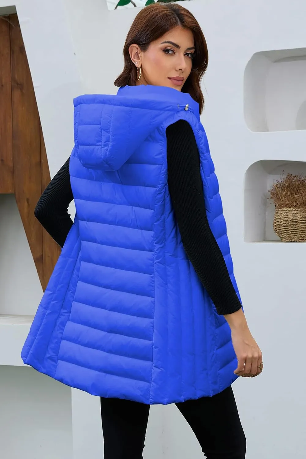Long Puffer Vest for Women with Hood Lightweight Packable Sleeveless Down Vest for Spring, Fall & Winter