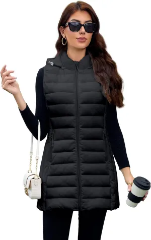 Long Puffer Vest for Women with Hood Lightweight Packable Sleeveless Down Vest for Spring, Fall & Winter