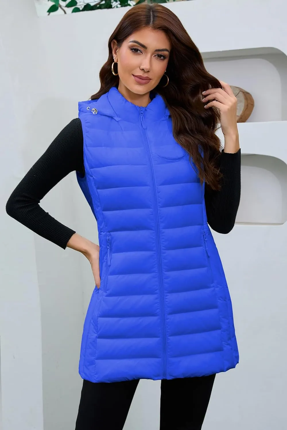 Long Puffer Vest for Women with Hood Lightweight Packable Sleeveless Down Vest for Spring, Fall & Winter