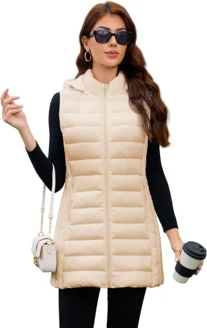 Long Puffer Vest for Women with Hood Lightweight Packable Sleeveless Down Vest for Spring, Fall & Winter