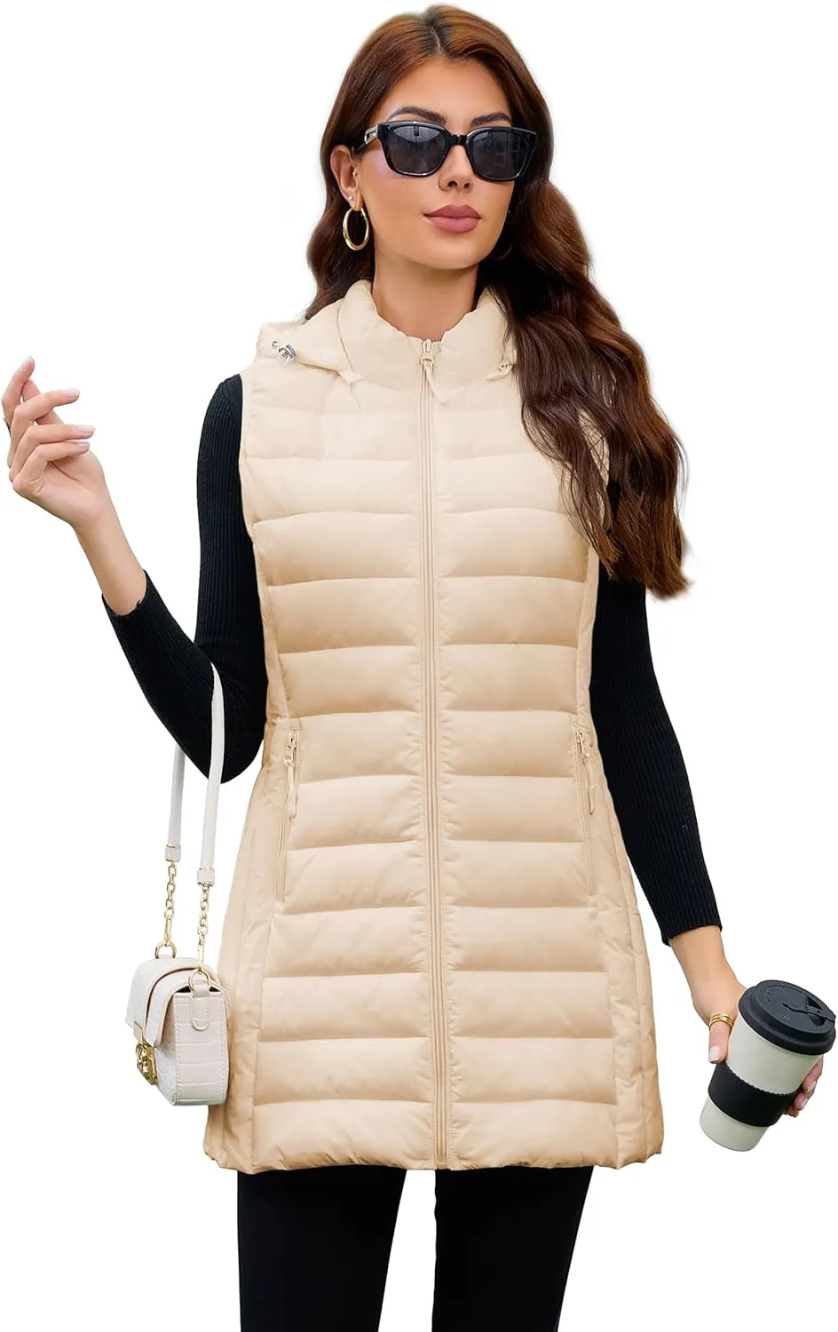 Long Puffer Vest for Women with Hood Lightweight Packable Sleeveless Down Vest for Spring, Fall & Winter