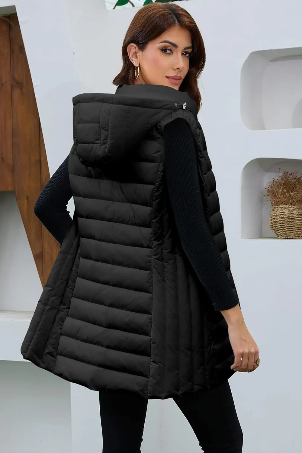 Long Puffer Vest for Women with Hood Lightweight Packable Sleeveless Down Vest for Spring, Fall & Winter
