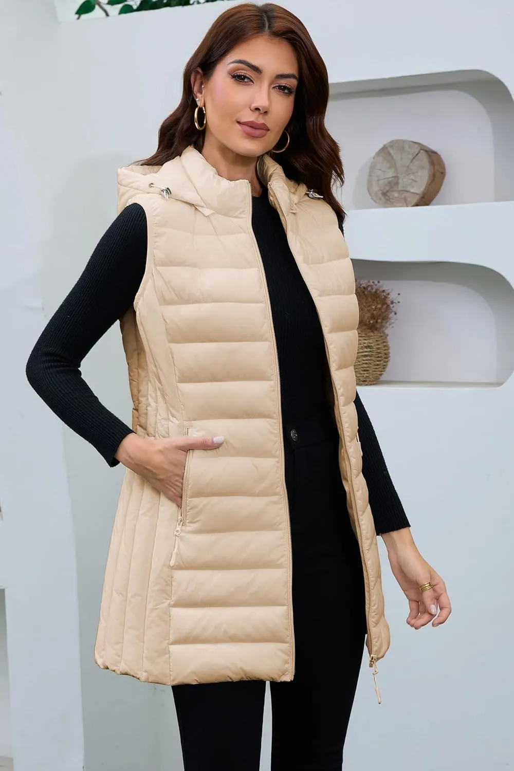 Long Puffer Vest for Women with Hood Lightweight Packable Sleeveless Down Vest for Spring, Fall & Winter