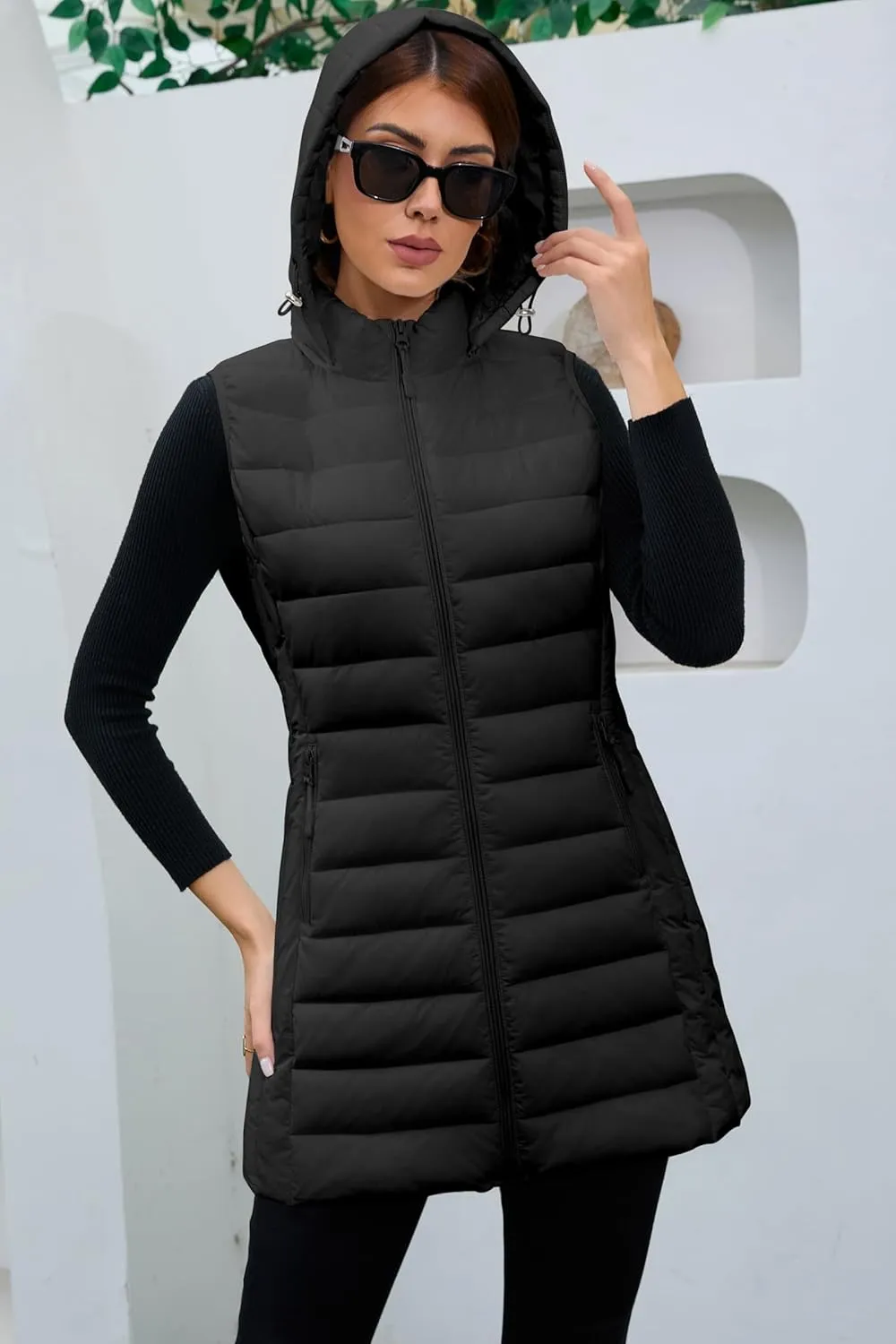 Long Puffer Vest for Women with Hood Lightweight Packable Sleeveless Down Vest for Spring, Fall & Winter
