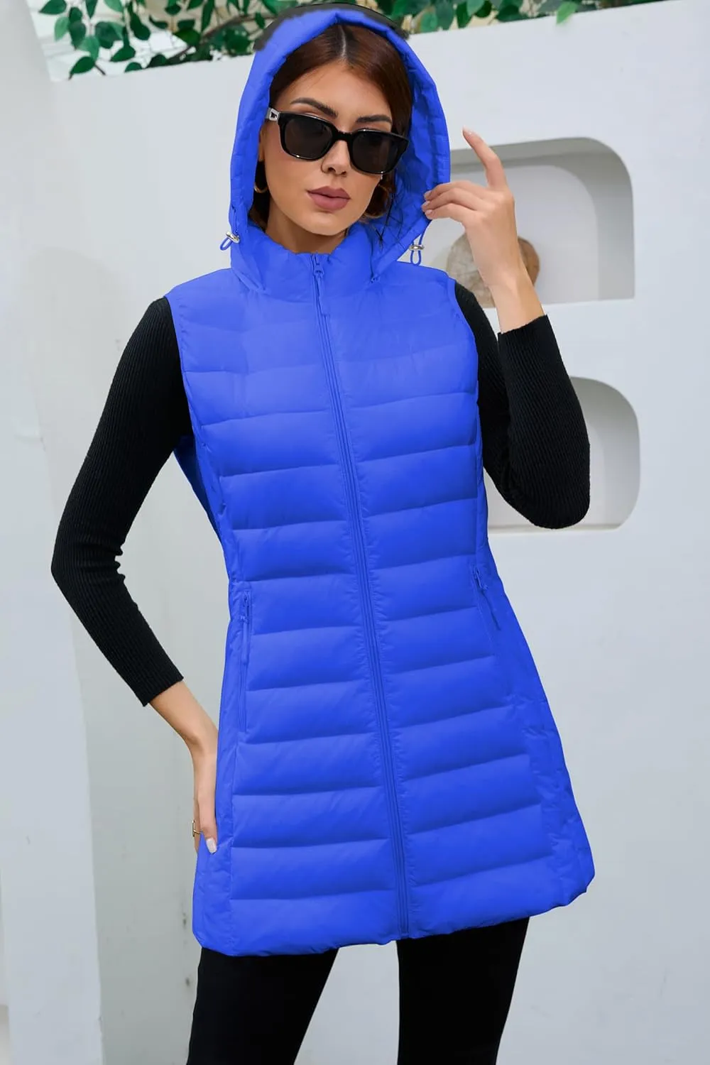 Long Puffer Vest for Women with Hood Lightweight Packable Sleeveless Down Vest for Spring, Fall & Winter