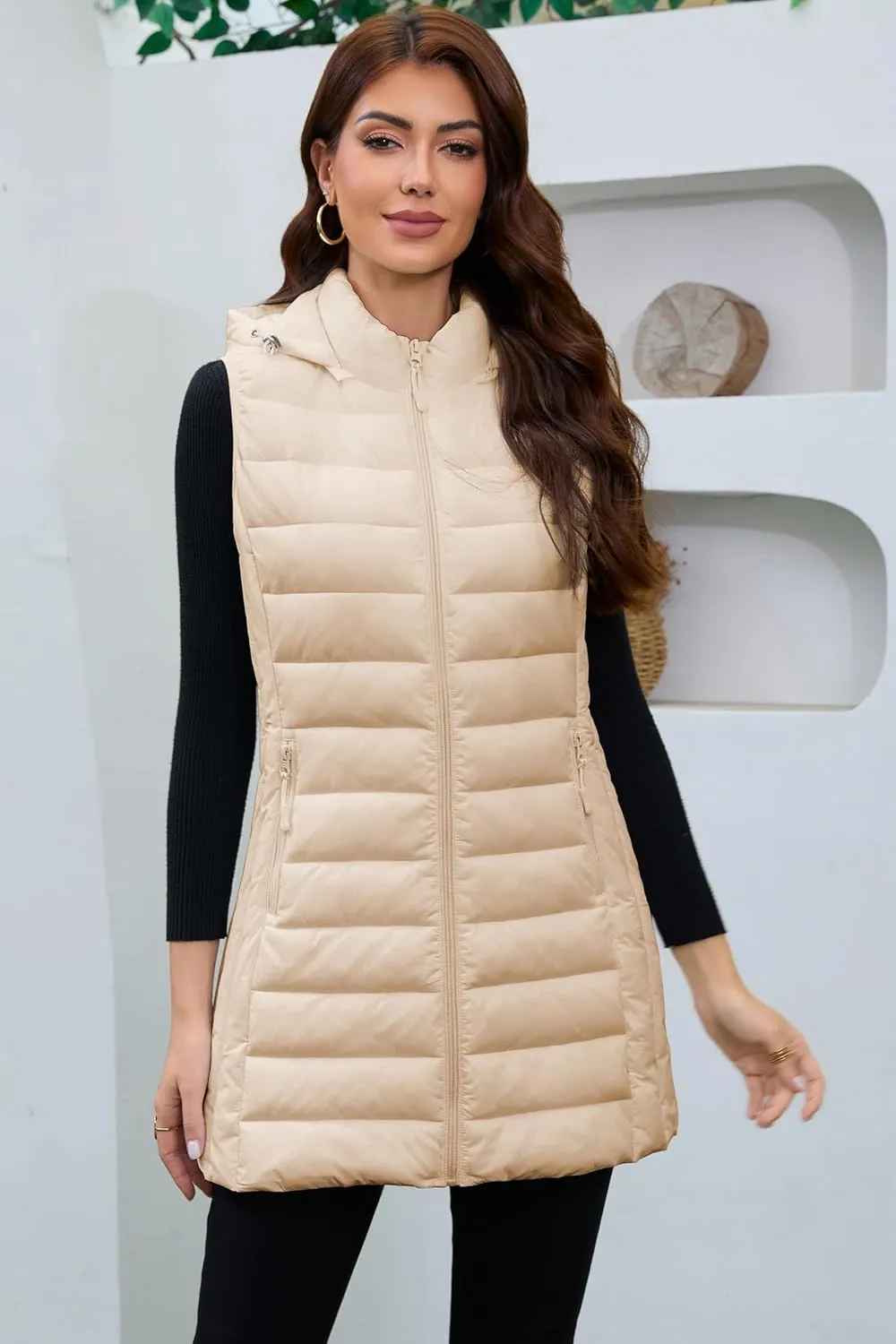 Long Puffer Vest for Women with Hood Lightweight Packable Sleeveless Down Vest for Spring, Fall & Winter
