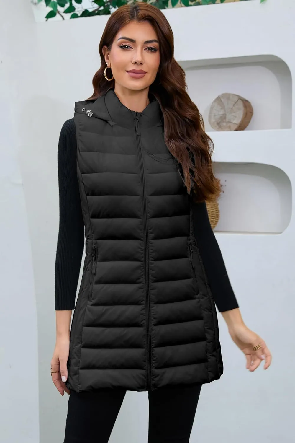 Long Puffer Vest for Women with Hood Lightweight Packable Sleeveless Down Vest for Spring, Fall & Winter