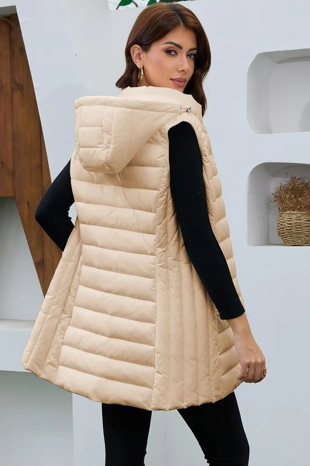 Long Puffer Vest for Women with Hood Lightweight Packable Sleeveless Down Vest for Spring, Fall & Winter