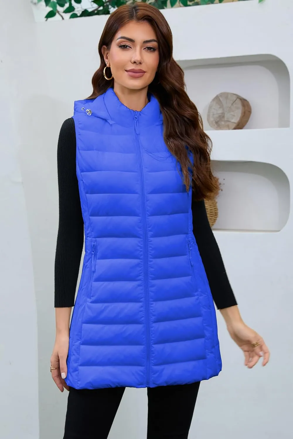 Long Puffer Vest for Women with Hood Lightweight Packable Sleeveless Down Vest for Spring, Fall & Winter