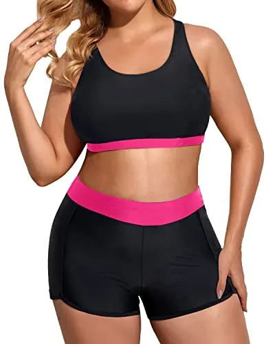 Loose Plus Size Bathing Suits For Women With High Waisted Boy Shorts-Neon Pink