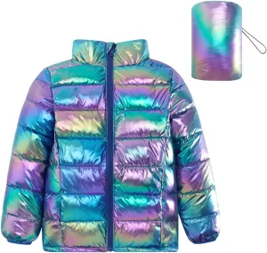Lovekider Puffer Jacket for Girls Packable Down-Alternative Warm Coat Shiny Outerwear for Kids 4-12T