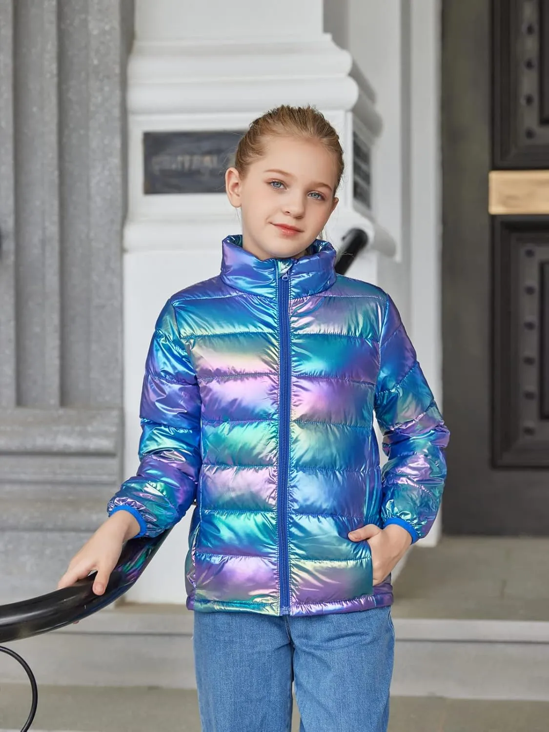 Lovekider Puffer Jacket for Girls Packable Down-Alternative Warm Coat Shiny Outerwear for Kids 4-12T