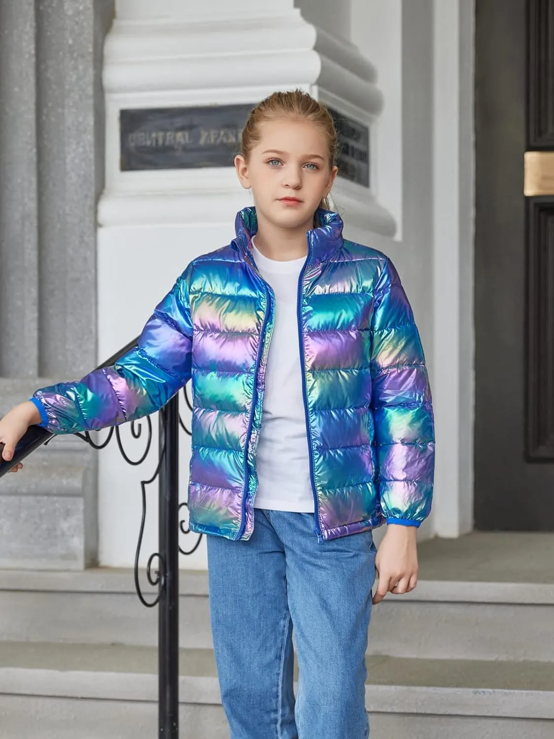 Lovekider Puffer Jacket for Girls Packable Down-Alternative Warm Coat Shiny Outerwear for Kids 4-12T
