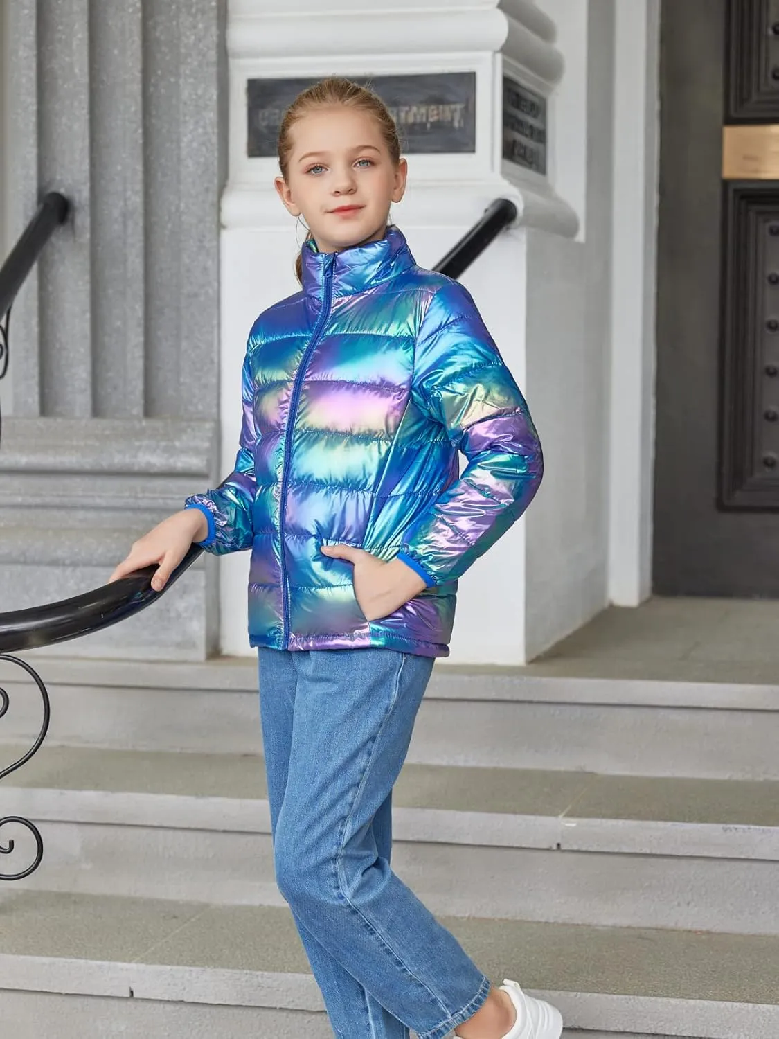 Lovekider Puffer Jacket for Girls Packable Down-Alternative Warm Coat Shiny Outerwear for Kids 4-12T