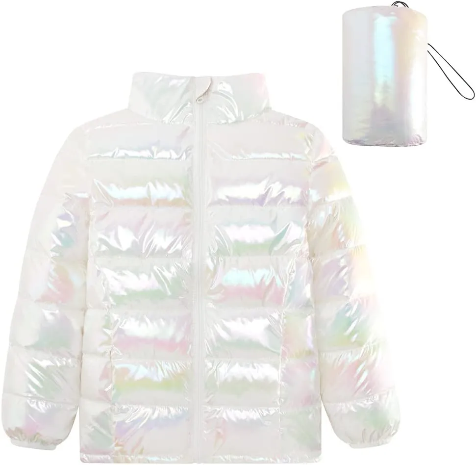 Lovekider Puffer Jacket for Girls Packable Down-Alternative Warm Coat Shiny Outerwear for Kids 4-12T