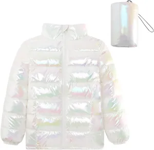 Lovekider Puffer Jacket for Girls Packable Down-Alternative Warm Coat Shiny Outerwear for Kids 4-12T