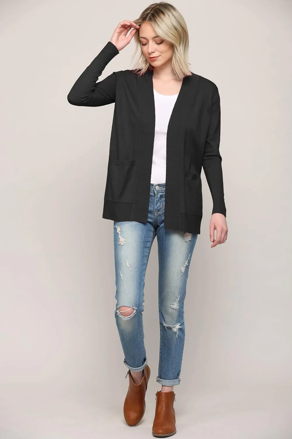 Made By Johnny Women's Open Front Casual Long Sleeve Knit Classic Sweaters Cardigan with Pockets