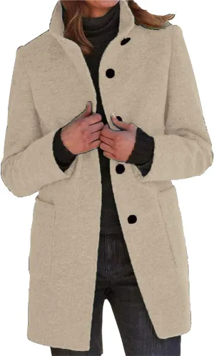 Maiyifu-GJ Womens Elegant Single Breasted Wool Trench Coat Casual Stand Collar Slim Fit Jacket Fall Long Sleeve Cardigan