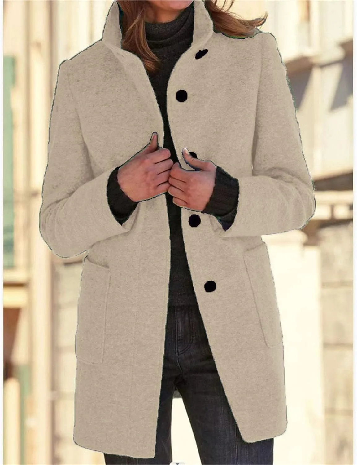 Maiyifu-GJ Womens Elegant Single Breasted Wool Trench Coat Casual Stand Collar Slim Fit Jacket Fall Long Sleeve Cardigan