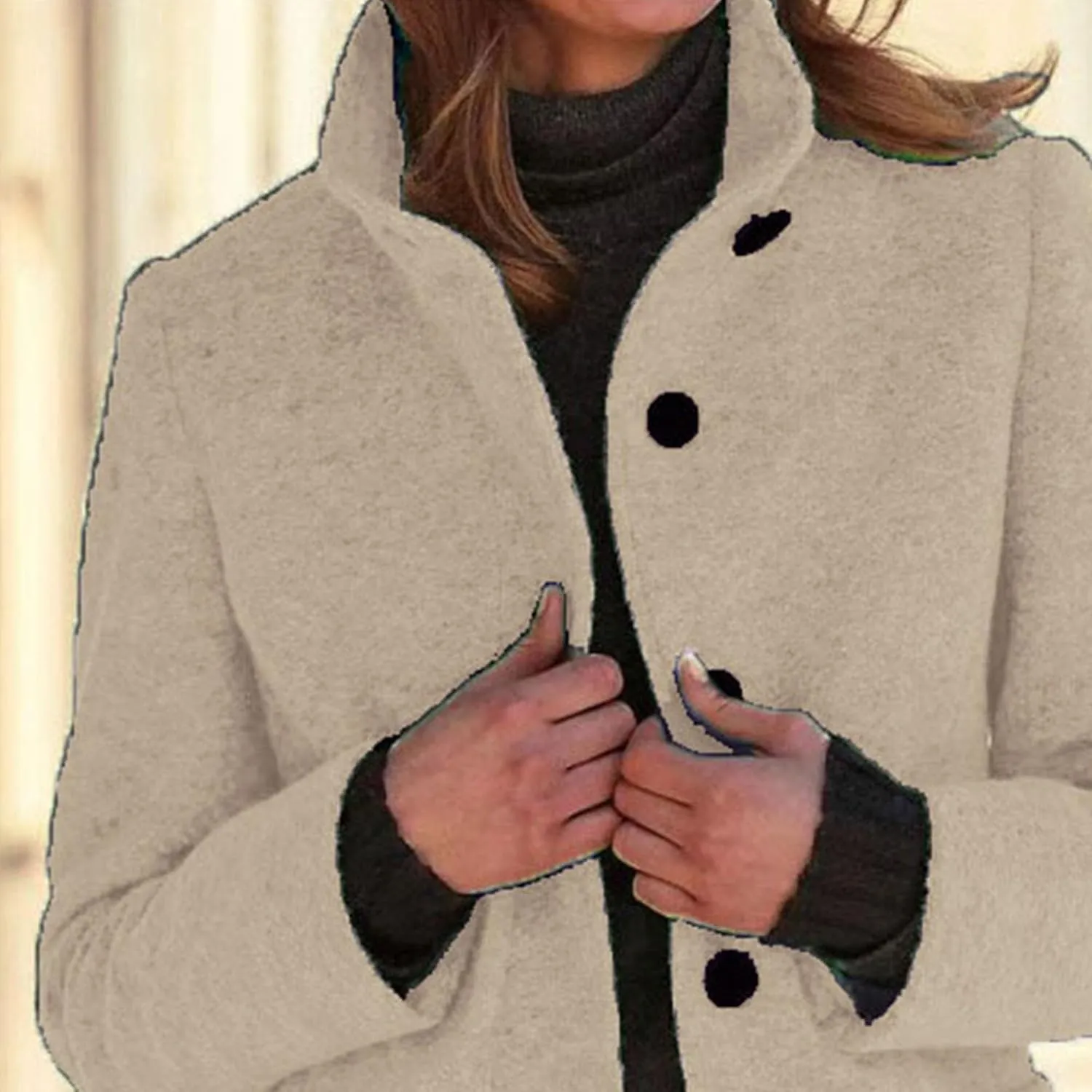 Maiyifu-GJ Womens Elegant Single Breasted Wool Trench Coat Casual Stand Collar Slim Fit Jacket Fall Long Sleeve Cardigan