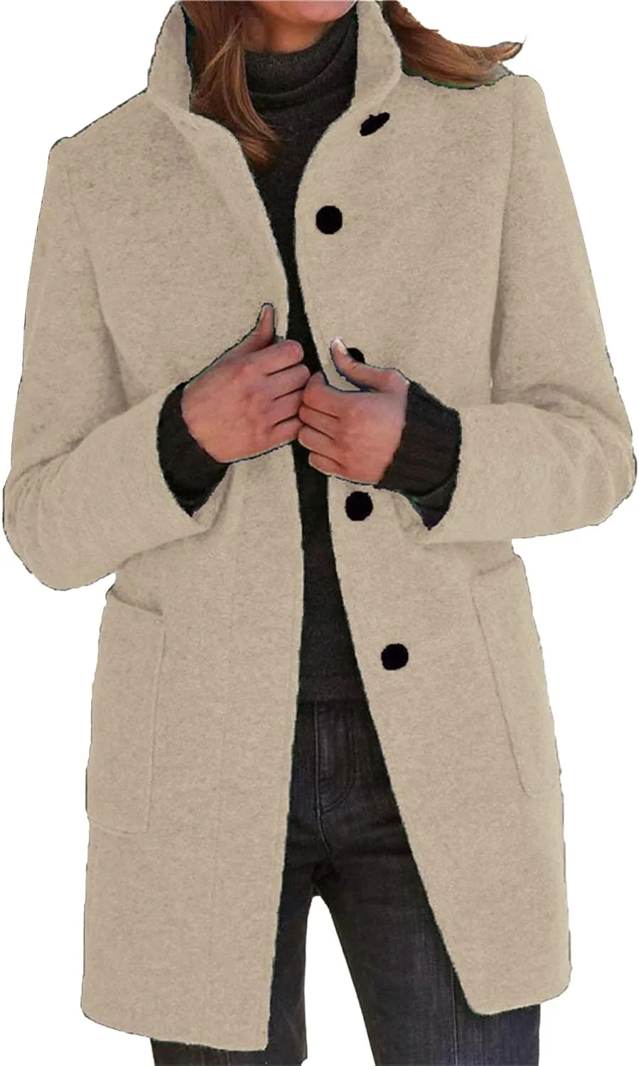 Maiyifu-GJ Womens Elegant Single Breasted Wool Trench Coat Casual Stand Collar Slim Fit Jacket Fall Long Sleeve Cardigan