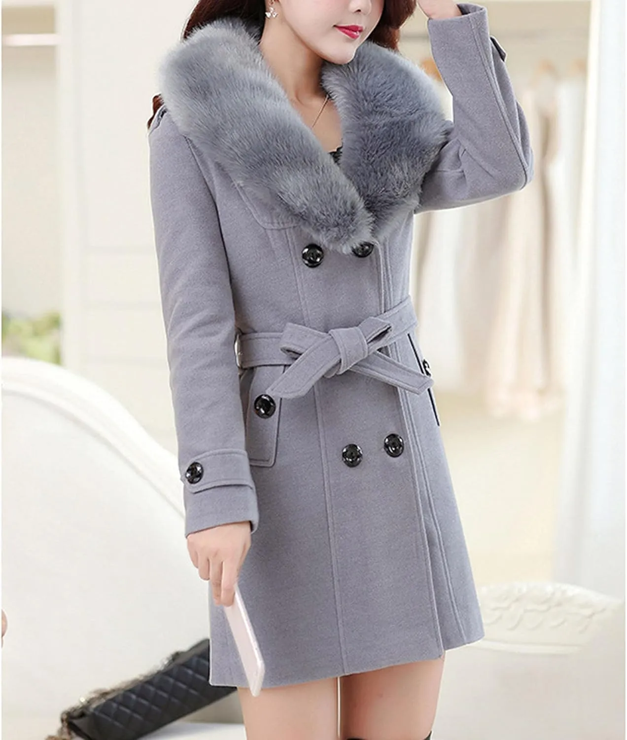 Maiyifu-GJ Women's Faux Fur Lapel Double Breasted Wool Trench Coat Winter Warm Mid-length Coat Jacket Overcoat with Belt