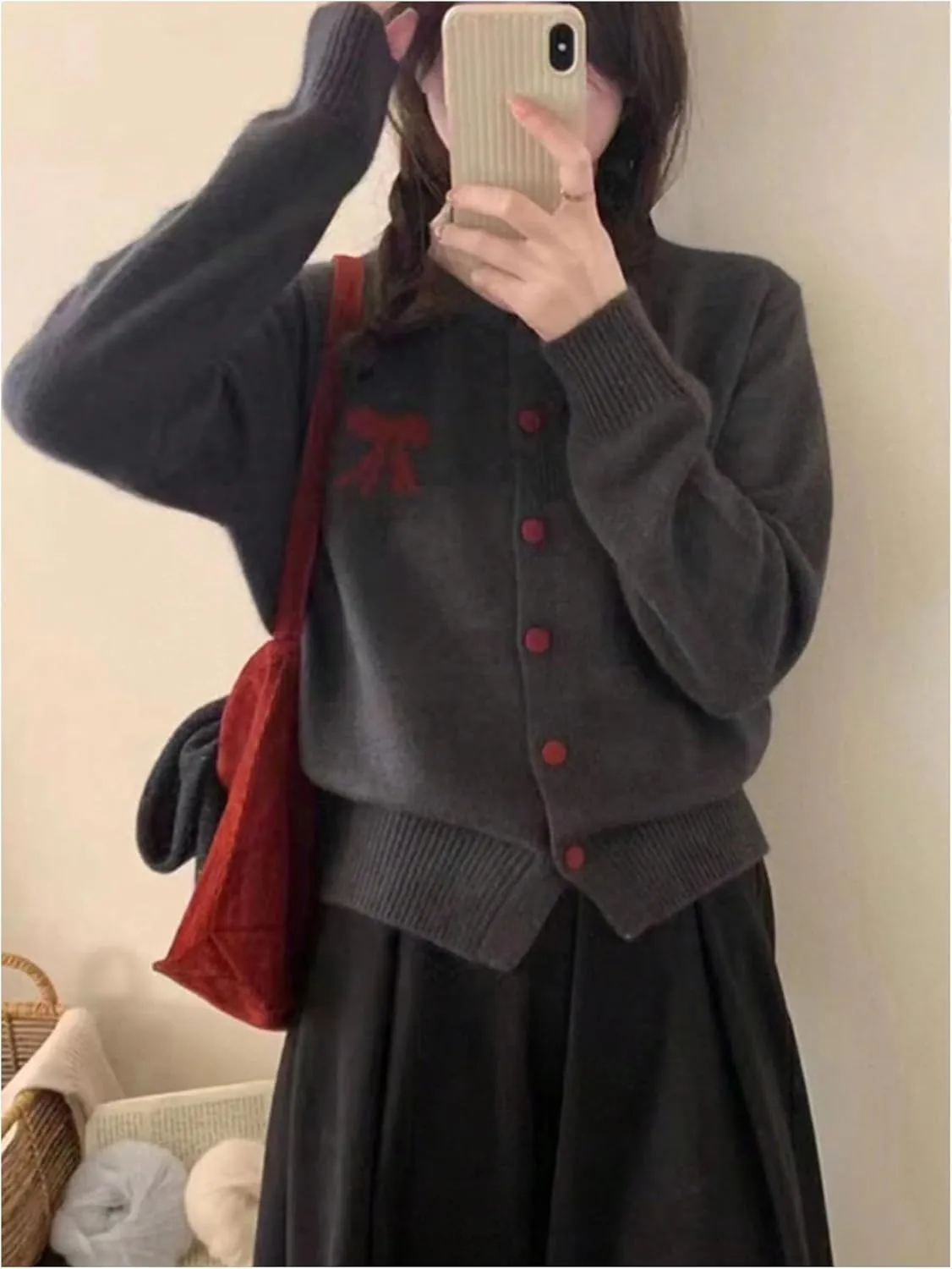 MakeMeChic Women's Bow Sweater Crew Neck Button Down Long Sleeve Cute Lightweight Cardigan Sweaters Knitwear