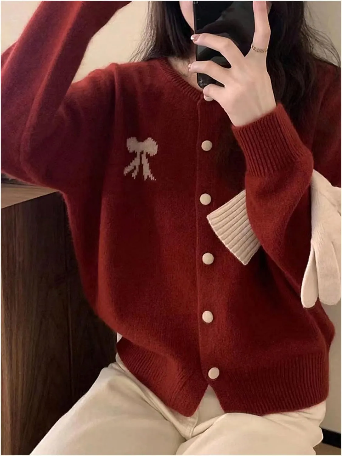MakeMeChic Women's Bow Sweater Crew Neck Button Down Long Sleeve Cute Lightweight Cardigan Sweaters Knitwear