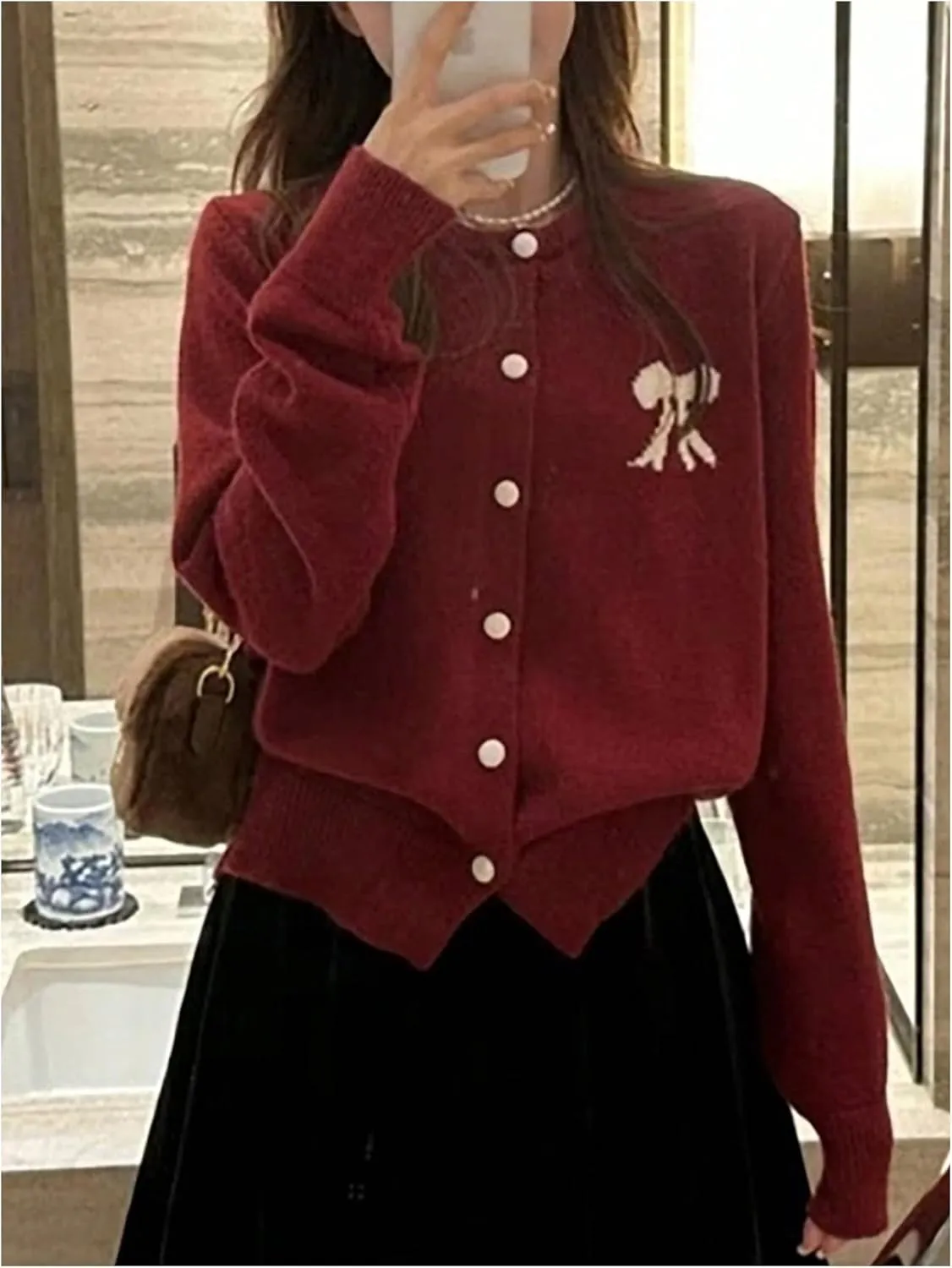 MakeMeChic Women's Bow Sweater Crew Neck Button Down Long Sleeve Cute Lightweight Cardigan Sweaters Knitwear