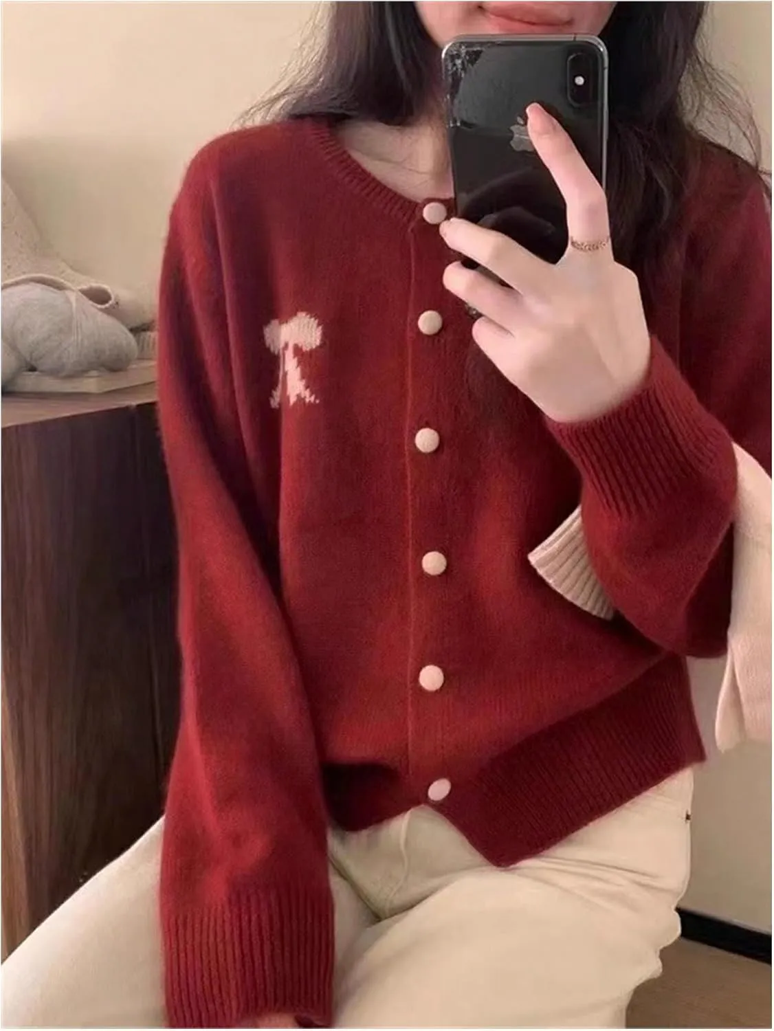 MakeMeChic Women's Bow Sweater Crew Neck Button Down Long Sleeve Cute Lightweight Cardigan Sweaters Knitwear
