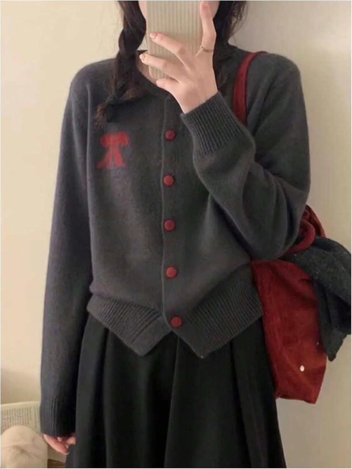 MakeMeChic Women's Bow Sweater Crew Neck Button Down Long Sleeve Cute Lightweight Cardigan Sweaters Knitwear