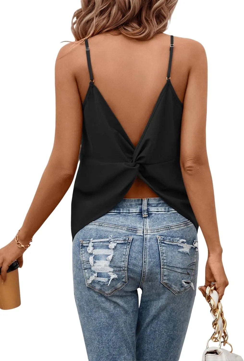 MakeMeChic Women's Casual Twist Back Sleeveless Cami Tops V Neck Spaghetti Strap Summer Camisole