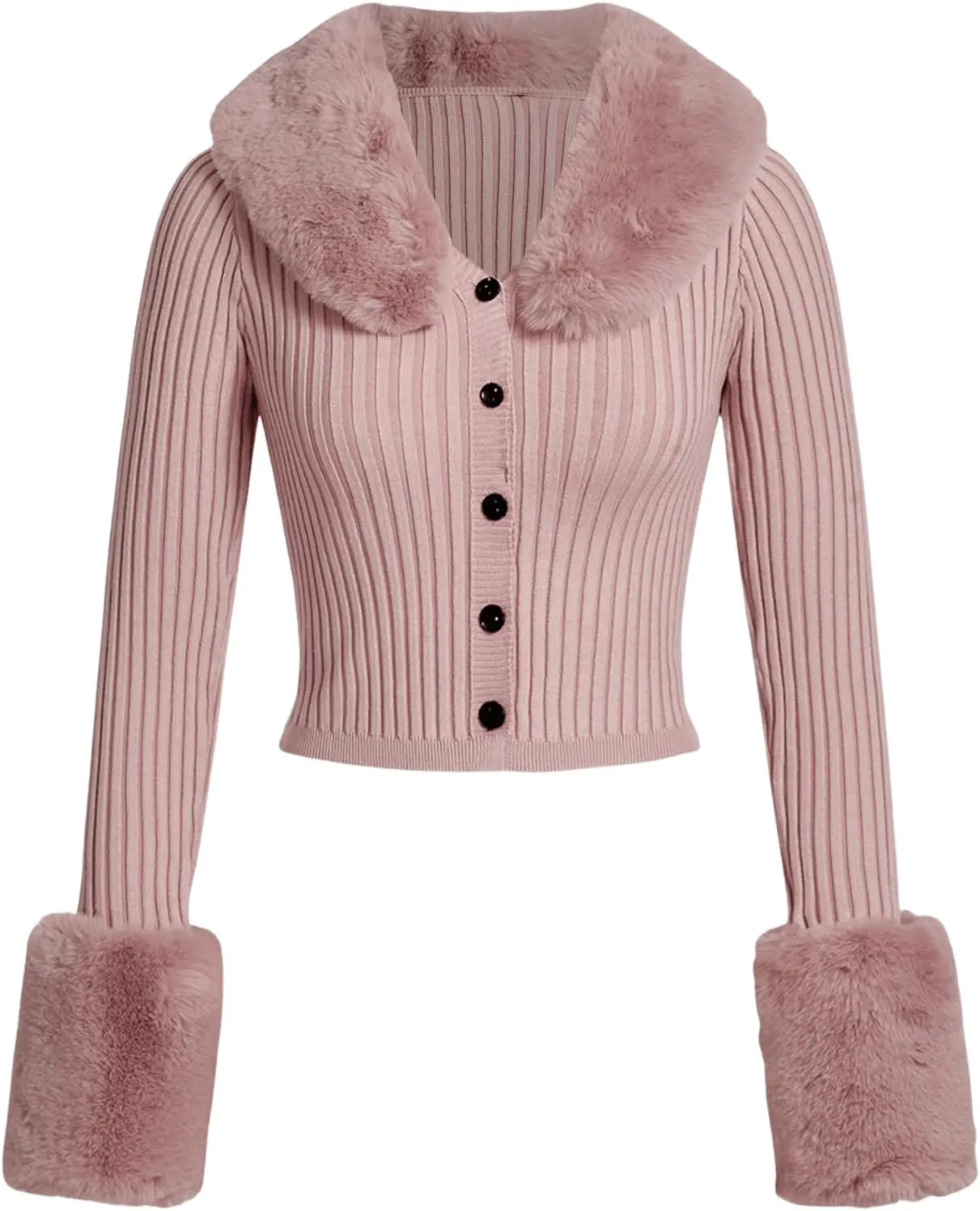 MakeMeChic Women's Christmas Sweaters Faux Fur Button Down Long Sleeve Fuzzy Rib Knit Cardigan Sweater